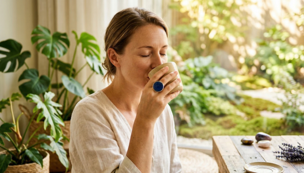 kobieta pijąca z ceramicznego kubka